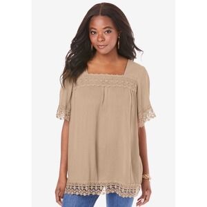 Roamans Embroidered Lace Crinkle Top 24W Crochet Square Neck Short Sleeve Blouse